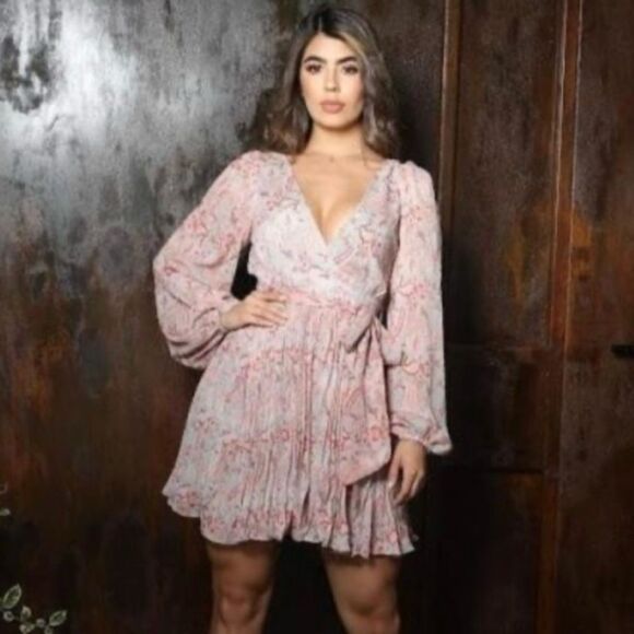 Rosevelvet Señorita Mini Dress Sash Pleated Sage Pink 2XL - Picture 1 of 14